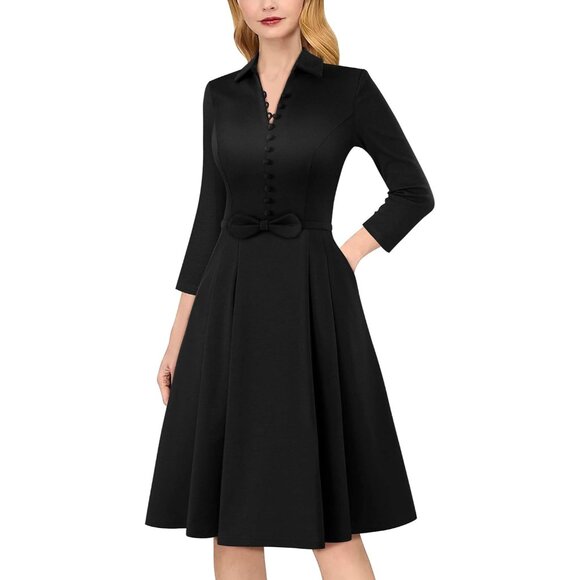 Dresses & Skirts - Women's Business Casual Dress V Neck Bow Belt Pockets A Line Fit Office